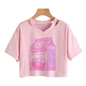 T-Shirt d'été à manches courtes pour femmes, joli motif de Carton de lait, hauts esthétiques, col en v, chemise Streetwear Vintage rose