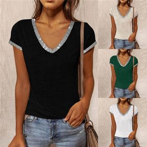 T-shirt femme été mode col en V couleur unie mince à manches courtes décontracté et confortable femme