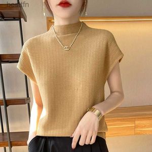 T-shirt Femme Summer Fe T-shirts Court Sle Femmes O-Cou Couleur Solide Mode Vêtements pour femmes Tee Mock Neck Casual T-shirt doux Oversize 240311