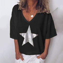 Camiseta de mujer Verano Estrella de cinco puntas Impresión simple pero no simple 3d Camiseta con cuello en V para mujer Casual Street Top multicolor para niñas 230412