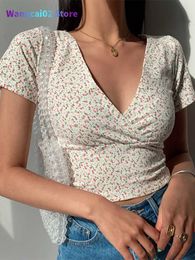 T-shirt féminin Summer Français rétro en V Floral V T-shirt à manches courtes Slim Slimming Wild High T-shirt Top pour femmes 022223H