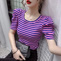 Camiseta de mujer, camiseta de verano con cuello redondo para niña, camiseta de manga corta súper fina con manga farol, camiseta a rayas Vintage para mujer 230331