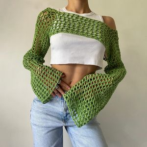 Camiseta de mujer Summer Green Knit Crop Top Malla de mujer Camiseta de manga larga Beach Fishnet Hollow Out Smock Crochet Sweater Y2k Tops Ropa 230705