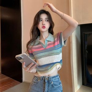 Camiseta para mujer Verano Estilo coreano Suéter de punto Mujeres Cuello Contraste Arco iris Rayado Manga corta Top Moda Casual Damas Ropa Mujer Wo