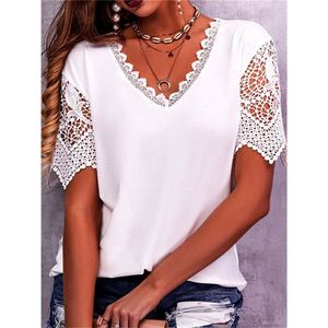 T-Shirt Femme Été Dentelle Couture Pétale Manches Col V T-Shirt Manches Courtes Mode Femme Casual Lâche Solide Couleur Vintage Blouse Tops 230325