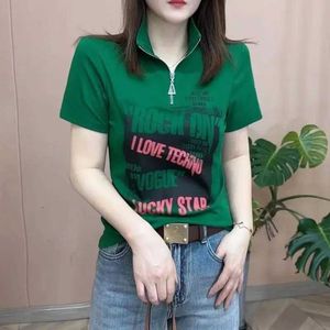 Dames t-shirt zomer nieuwe dames trekkers mode casual fit Korean stand-up nek bedrukte ritssluiting met korte mouwen bij elkaar bij elkaar
