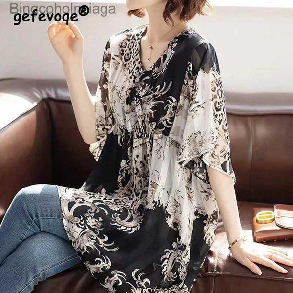 T-shirt Femme Été Surdimensionné Femmes Élégantes Col V Vintage Imprimer Mode Irrégulière Tunique Midi Chemises En Mousseline De Soie Casual Court Sle Tops BlouseL231208