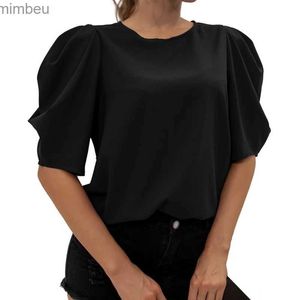 T-Shirt Femme Été Col Rond Mode Femmes T-Shirt Manches Bouffantes Couleur Unie En Mousseline De Soie TopC24319