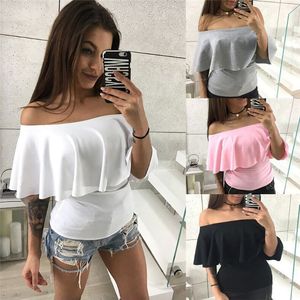 Dames T-shirt Zomer Ruffle Shirts Off Shoulder Een Kraag Vrouwelijke Blouse Sexy Tops Mode Tops Vrouwelijke Tees Mode Slank Effen Kleur Shirt 230603