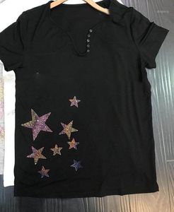 T-shirt femme Style d'été à manches courtes col en V bouton couleur strass en forme d'étoile décontracté tout-match femmes