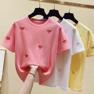 T-shirt féminin Tees d'été tops coton femme t-shirt amour broderie tee shirt rose kawaii manche courte tshirt femme vêtements jaune 230314