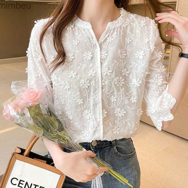 Camiseta para mujer Tops de verano Blusas de encaje Mujeres Bordado Floral Algodón Camisa blanca 2023 Moda Casual Manga corta Camisas para mujer Blusas 9638 L240201