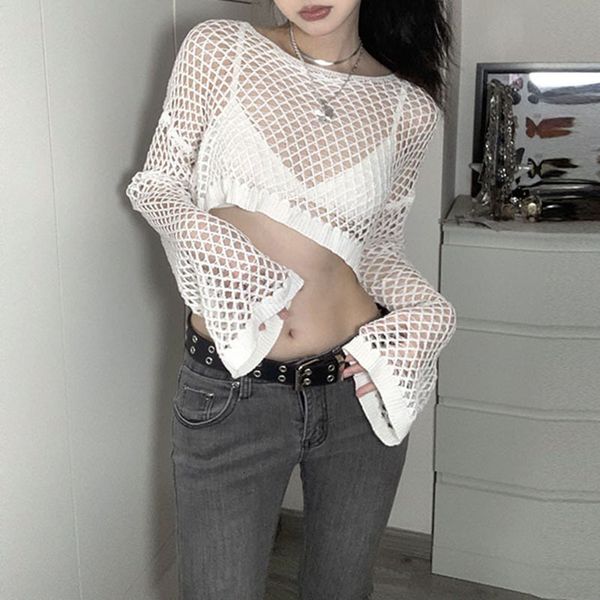 Camiseta de mujer Summer White Knit Crop Top Malla de mujer Camiseta de manga larga Beach Fishnet Hollow Out Smock Crochet Sweater Y2k Tops Ropa 230721