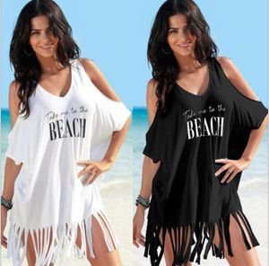 Camiseta para mujer Verano Mujeres Camisas casuales Playa Cubrir Blanco Off Hombro Tops sueltos Camisa con flecos Traje de baño Ropa de playa 230421