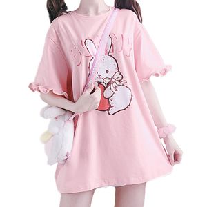 Vrouwen T-shirt Zomer Vrouwen Leuke Lolita Roze T-shirts Cartoon Aardbei Konijn Print T-shirt Ruches Korte Mouw Tops JK Meisjes Kawaii Tee Top 230802