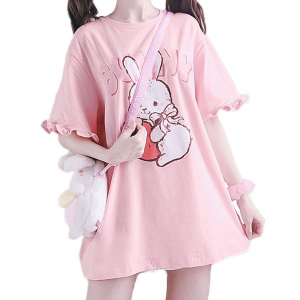 T-shirt femme été femmes mignon Lolita rose T-shirts dessin animé fraise lapin imprimé T-shirt volants manches courtes hauts JK filles Kawaii Tee Top 230802