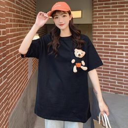 Dames T-shirt Zomer Women Harajuku Cute Real Toy Bear In Pocket T-shirt Street Oversized Loose Short Sleeve T-shirt T-top Kawaii Tops 2XL 230314