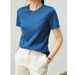 Dames t-shirt zomer dames zijden t-shirts blauwe ronde nek merceriseerde katoenen korte mouw vaste t-shirts casual tops 66% katoen 230320