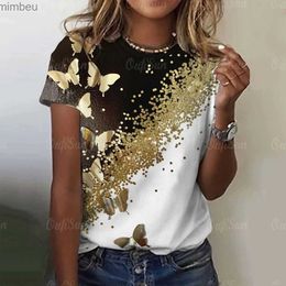 T-shirt Femme Été Femmes T-shirt 3D Papillon Imprimer O-Cou Casual Dames Dégradé Tee Femme Top Harajuku Filles Manches Courtes Mode VêtementsC24319