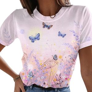 T-shirt féminin Summer Femmes \ U2021S Casual Short Short Neck Fashion Fashion Butterfly Dragonfly Printing Lower Pullover Tops