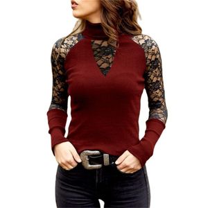 Dames T-shirt T-shirt Half Hoge Hals Sexy Kant Stitching Effen Kleur Slim Fit 2021 Lente Herfst Lange Mouwen Dameskleding Tops