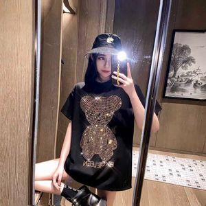 T-Shirt Femme T Shirt Mulheres Vero Coreano Moda Algodo Solto com Diamante Urso Imprimir Manga Curta Edante Top Plus Size Roupas Femininas J230506