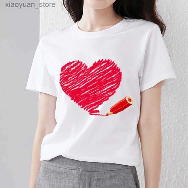 T-shirt Femme T-shirt Femme Tendance Style Coréen Doux Sauvage Impression Amour Modèle Série Dames Étudiant O-cou Blouse Belle Commuter Wear 240130
