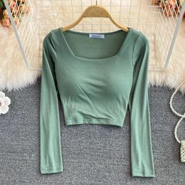 T-shirt femme T-shirts pour femmes avec soutien-gorge intégré T-shirt à manches longues O cou T-shirts Femme Casual Mode coréenne Tout-Puissant Drop 231219