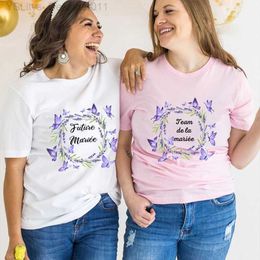 T-Shirt Femme Team Bride T-Shirt Français Single Adieu Bachelor Party Tops Femmes Court Luge Fleur Y2k Graphic Tees Bridal Wedding Blouses L24312 L24312