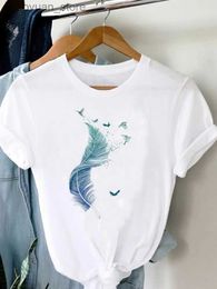 T-shirt Femme Tee Femmes T-shirt Été Manches courtes Imprimer Vêtements Graphique T-shirt Plume Peinture Oiseau Vêtements Mode Femme Top 240130