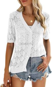 T-shirt féminin Tees à manches courtes pour femmes 2024 Crochet d'été Crochet Cardigan V-Neck Bouton SHAWL TOP SHAWL