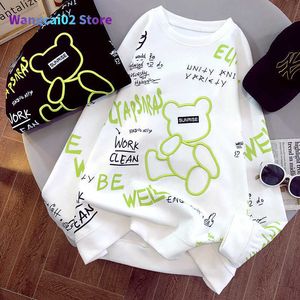 Dames t-shirt dunne sweatshirts dames herfst o-neck losse pullovers Koreaanse meisjes schattige beren borduurwerk oversized witte zwarte bodem hoodies 022223H