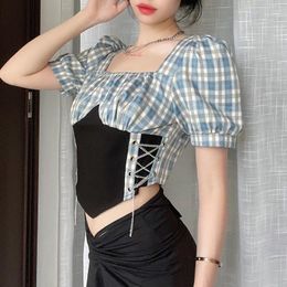 T-shirt femme Thorn Tree Plaid Print Patchwork T-shirts Crop Tops Y2K Streetwear 2022 Sexy Women Short Puff Sleeve Side Chain Lace-up