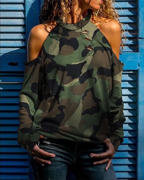 T-shirt pour femme Top Fashion Camouflage Épaule froide Manches longues Détresse Design Casual OTTD Top Blouses Automne All-Match Pull 230824
