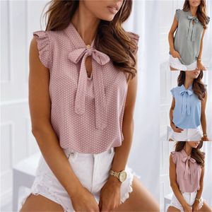 Vrouwen T-shirt Top Zomer Elegante Ruches Mouwloze Polka Pot Tie Bow Blouses en Shirts Casual Oversized Sexy Pullover Tuniek 230718