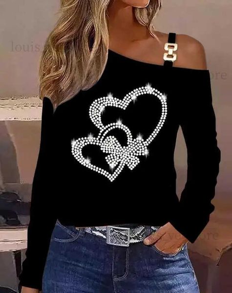 Camiseta para mujer Top Mujeres 2022 Moda Moda Primavera Otoño Mujeres Dded Patrón de corazón Hombro frío Top All-Match Casual Blusa Jersey T231204