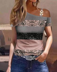 Vrouwen T-shirt Top Vrouwen Zomer Mode Eenvoudige Metalen Gesp Schuine Kraag Casual Korte Mouwen Gedrukt T-shirt Top Y2K Kleding 230707