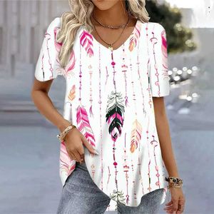 Dames T-shirt Trendy Feather 3D Gedrukte T-shirts Zomer V-Neck Tops Korte Sles Fashion Loose T-shirt voor dames hete verkoopkleding S-5XL D240507