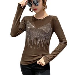 Dames T-shirt Tuangbiang 2022 Diamanten vrouw katoen o-neck eenvoudige casual t-shirt lange mouw mode vrouwelijk ontwerp strass ragestone crop topSwome