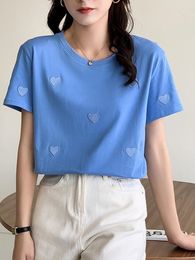 Dames t-shirt tuangbiang zomer borduurwerk liefde vrouwen katoen blauw t-shirt Koreaans casual o-neck korte mouw zachte t-shirt paarse vrouwelijke top 230320