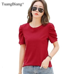 T-shirt Femme TuangBiang Summer Puff Sleeve O-Cou Coton Rouge T-shirt Femmes Couleur Solide T-shirts élégants Lady Slim Soft Casual Fashion Tops 230320