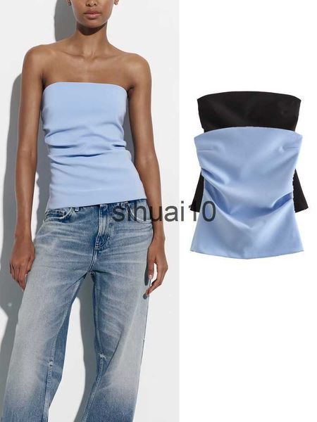 Camiseta de mujer Tube Top Mujer Pale Blue Corset Crop Top Mujer Sexy Off Shoulder Bustier Tops para mujer 2023 Summer Backless Fruncido Tops Mujer J230627