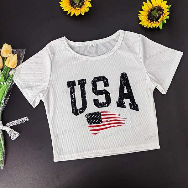 T-shirt Femme USA Drapeau américain Motif T-shirt imprimé Vintage Harajuku Slim manches courtes Crop Top Streetwear Femmes Vêtements Y2k Sexy Baby Tee T240129