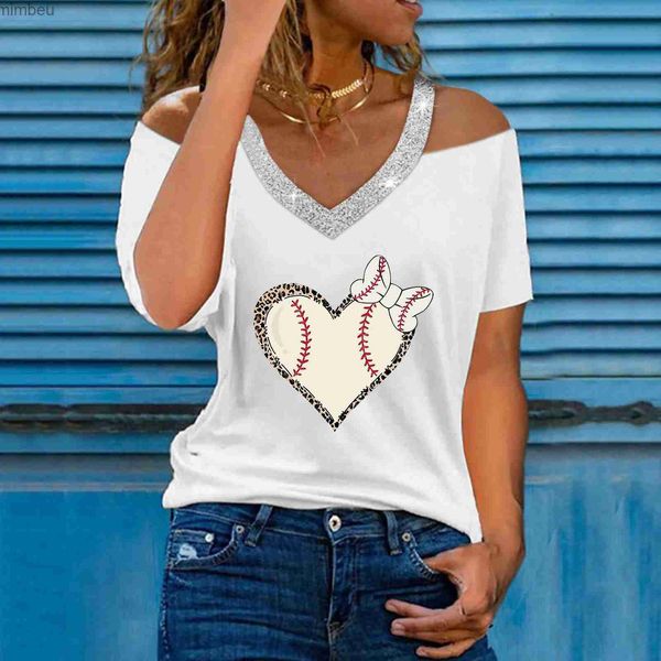 T-shirt femme col en V sur l'épaule à manches courtes T-shirt femmes coeur baseball imprimé haut chemisier chemises pour femmes décontracté été T-shirtsC24319