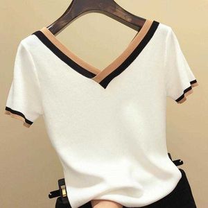 T-shirt femme col V manches courtes femme tricot rayé contrasté 2023 haut été vêtements coréens élégant Camisetas 13362 G220612