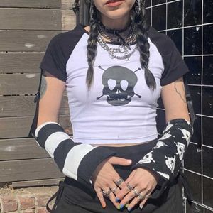 T-Shirt Femme Vintage Fée Trash Femme Été Noir et Blanc Patchwork Crâne Imprimer Femme Harajuku Casual Streetwear Y2k Top 2022 Kawaii Z0506