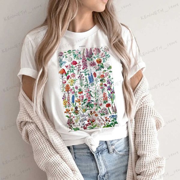 T-Shirt Femme Vintage Fleur Illustration T-Shirt Style Boho Décontracté Imprimé Floral Haut Mignon Esthétique Graphique Femme T-shirts Cottagecore Vêtements T240129