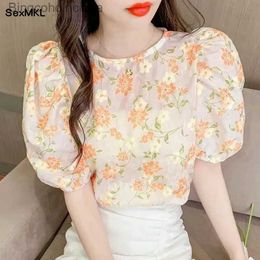 T-shirt da donna Vintage Puff Sle Top jer 2023 Moda floreale stampato camicette di chiffon Casual coreano dolce estate Blusas Femini XXXLL231208