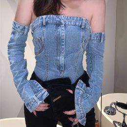 Dames T -shirt Vintage Sexy Off the Shoulder Denim Camisole met mouwen Autumn High Street Fashion All Match Crop Tops For Women 230306