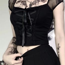 Camiseta de mujer Vintage Tops Goth Camiseta Mujer Bodycon Vendaje Encaje Negro Camisetas Gothic Streetwear Sexy Mujer Top Casual Mesh Tee 230609